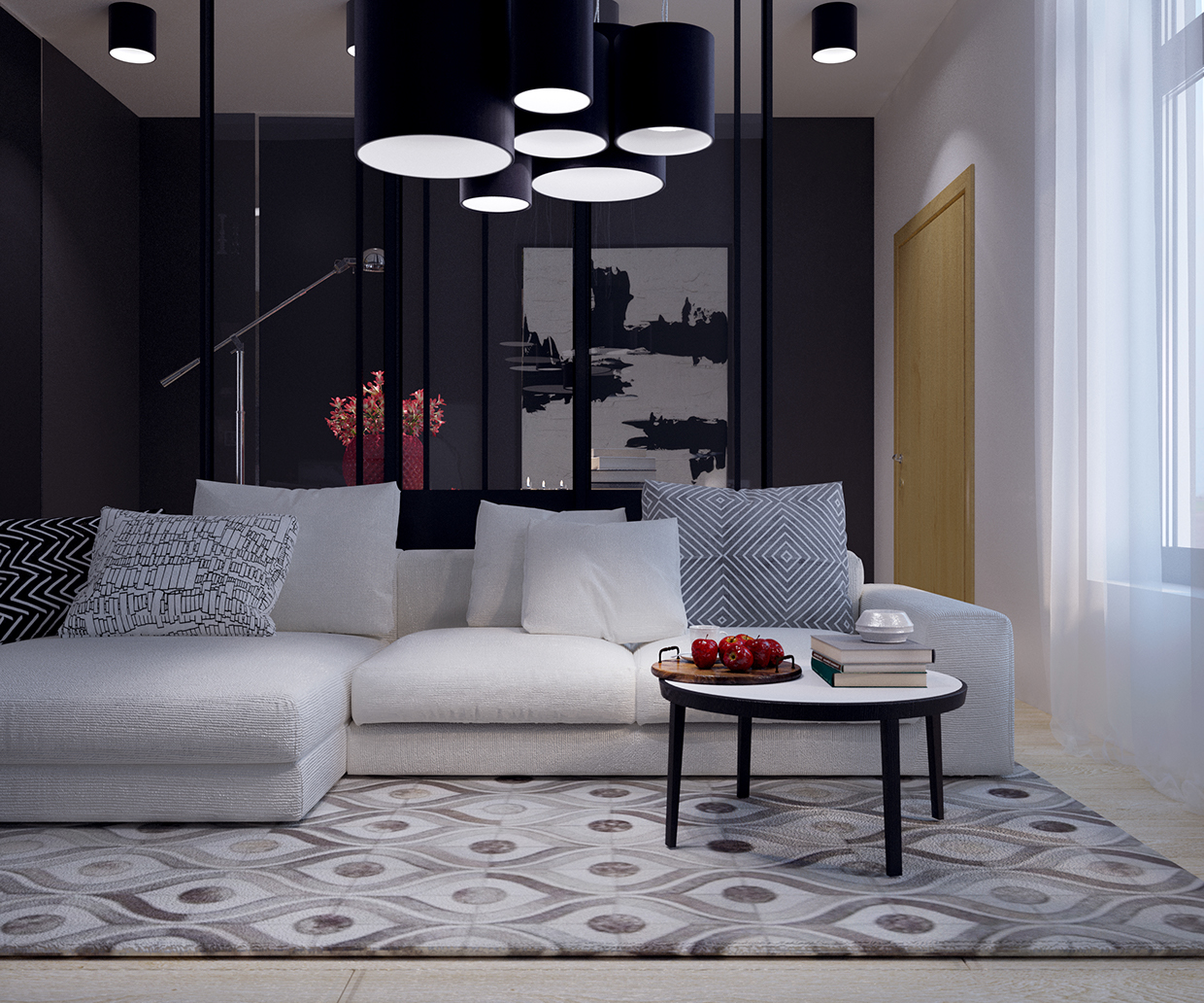 living room with pendant light