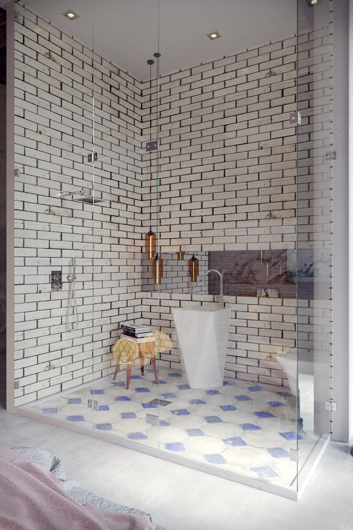 white brick bathroom decoration