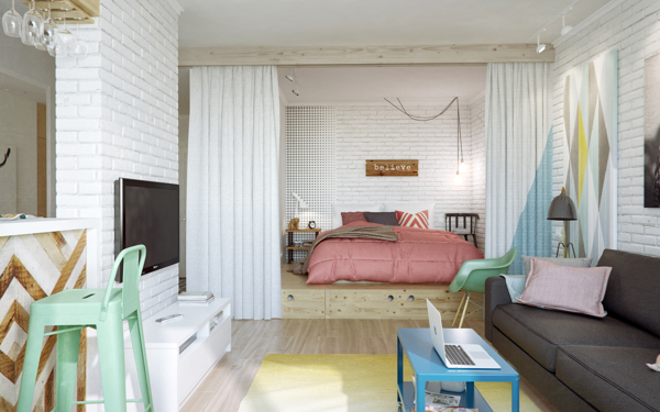 a cute small apartment design combine with beautiful feature and