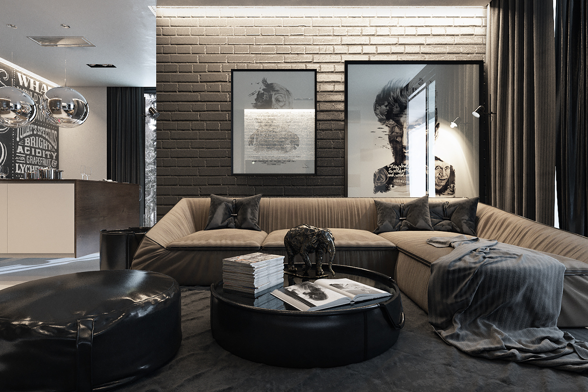 dark living room with artwork