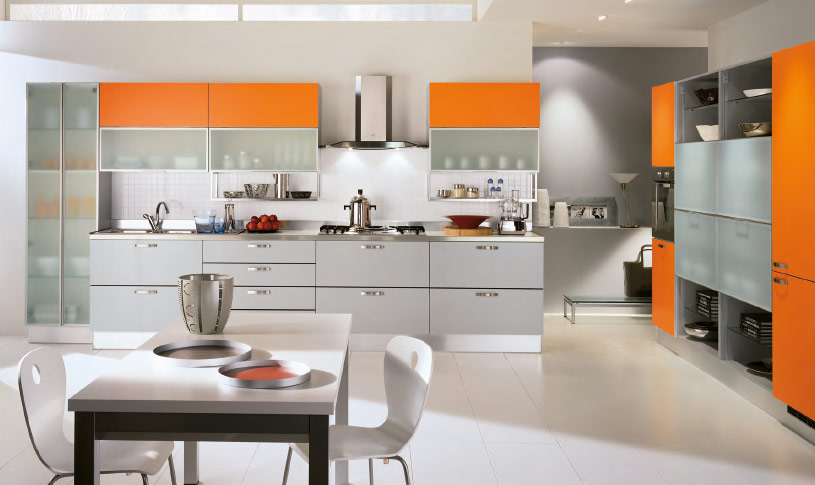 orange and grey modern kitchen 