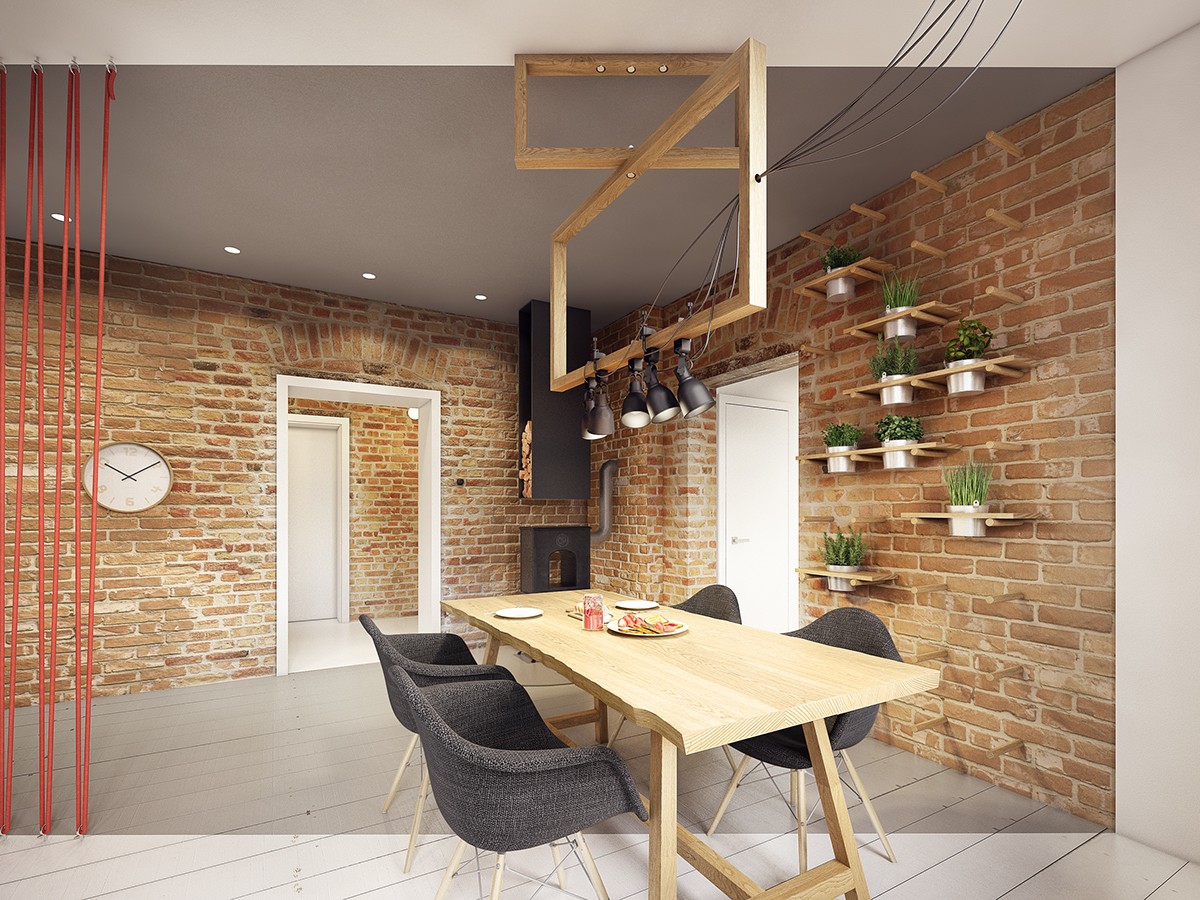 dining room exposed brick wall