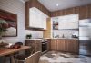 white small kitchen with wooden decor