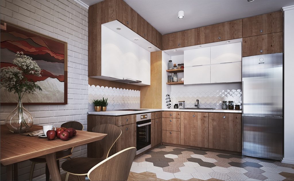 white small kitchen with wooden decor