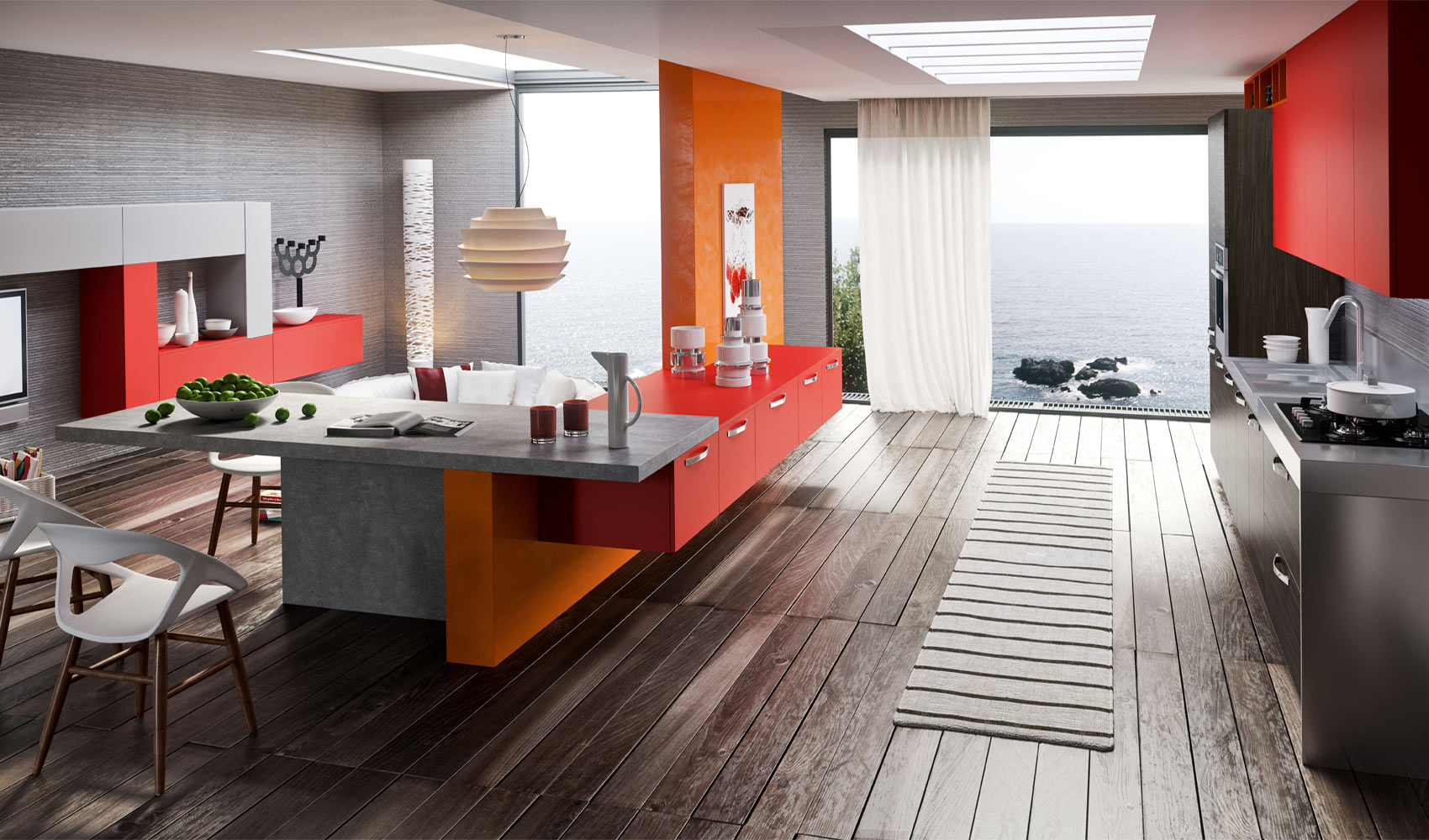 Red orange gray kitchen decor