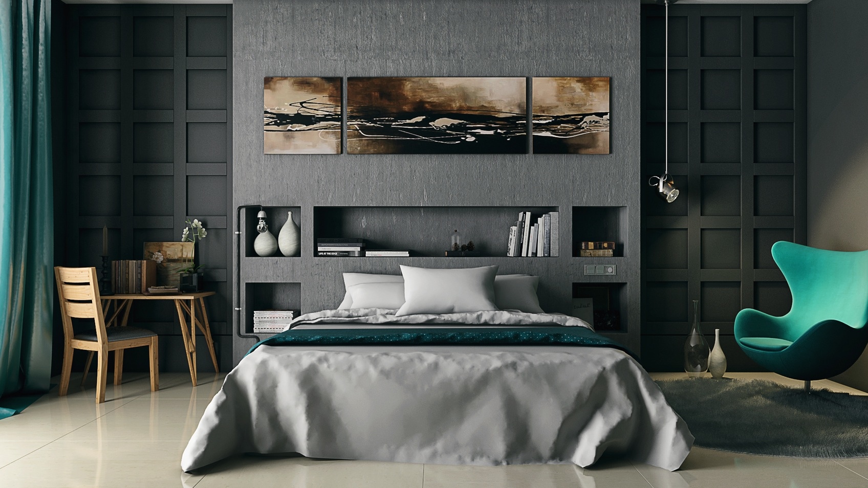 gray and wooden bedroom