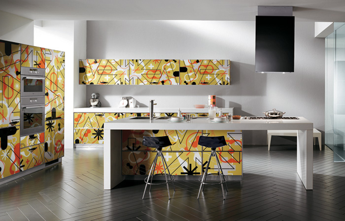 yellow graphic print kitchen design