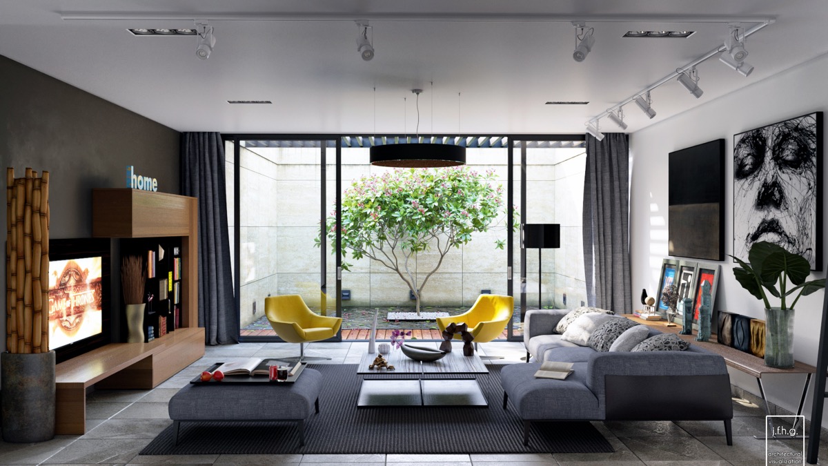 gray living room with natural decor