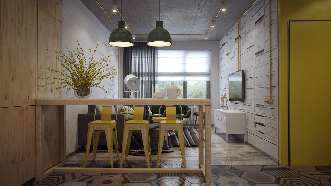 yellow and wooden dining room