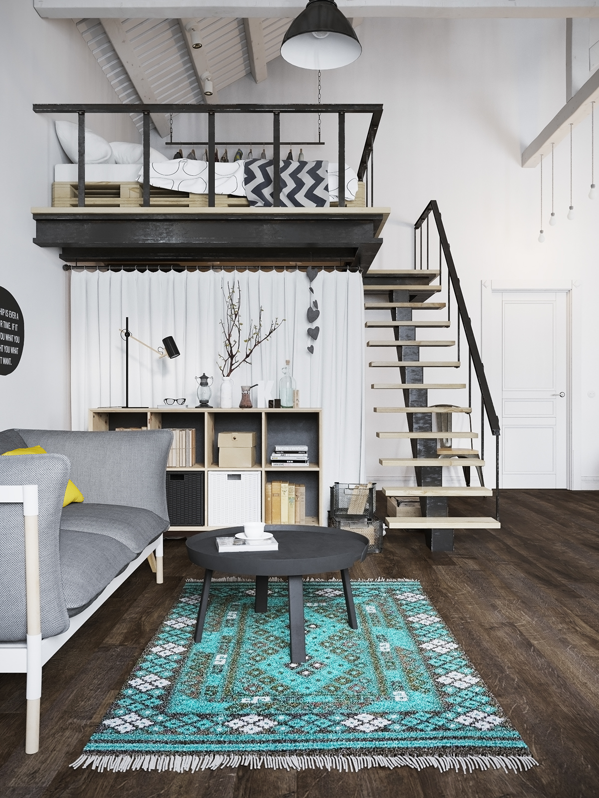 Chic Scandinavian Studio Apartment Design Arranged With Loft Bed That