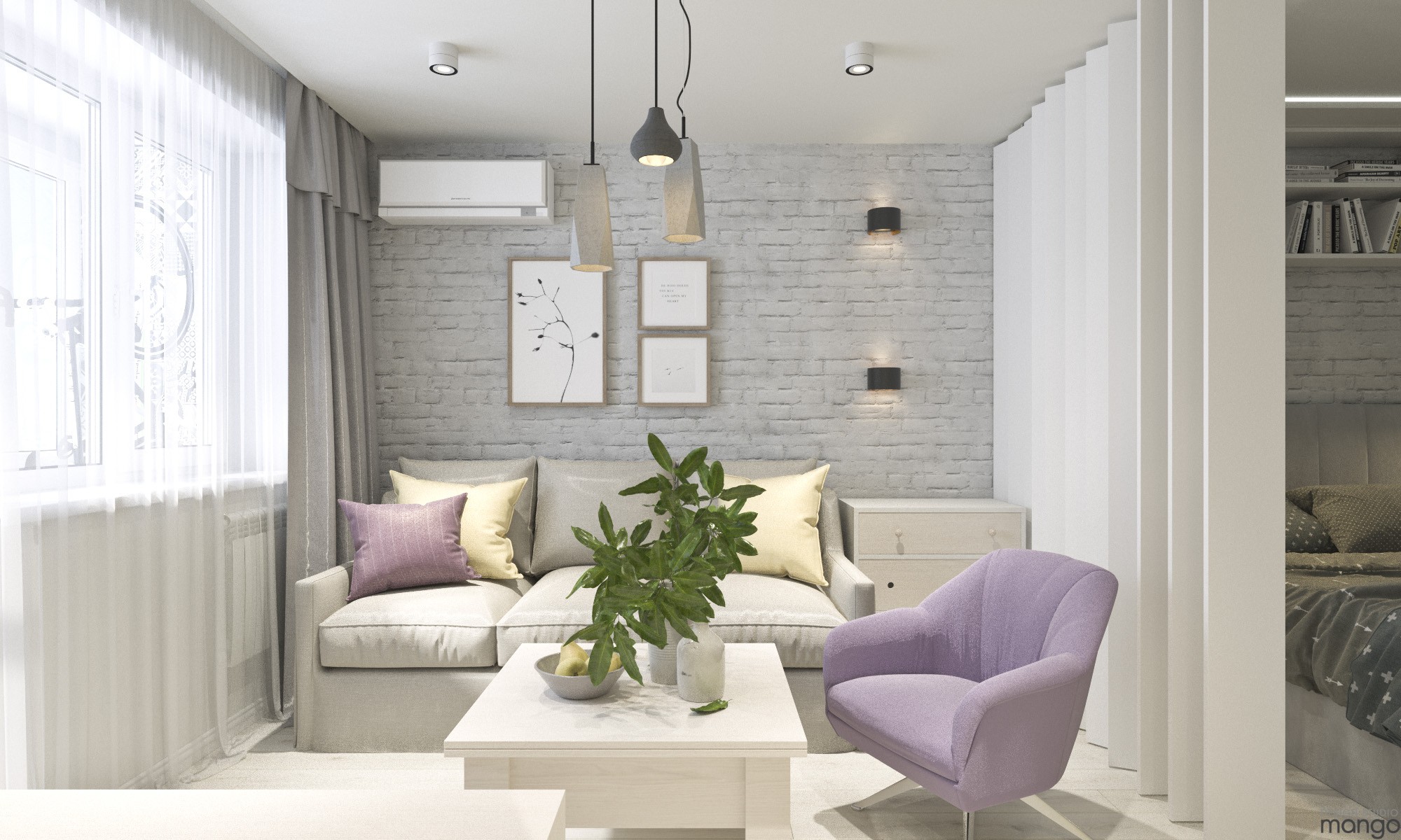 minimalist small living room with modern lighting
