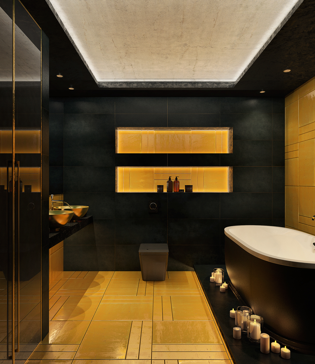 yellow and black masculine bathroom