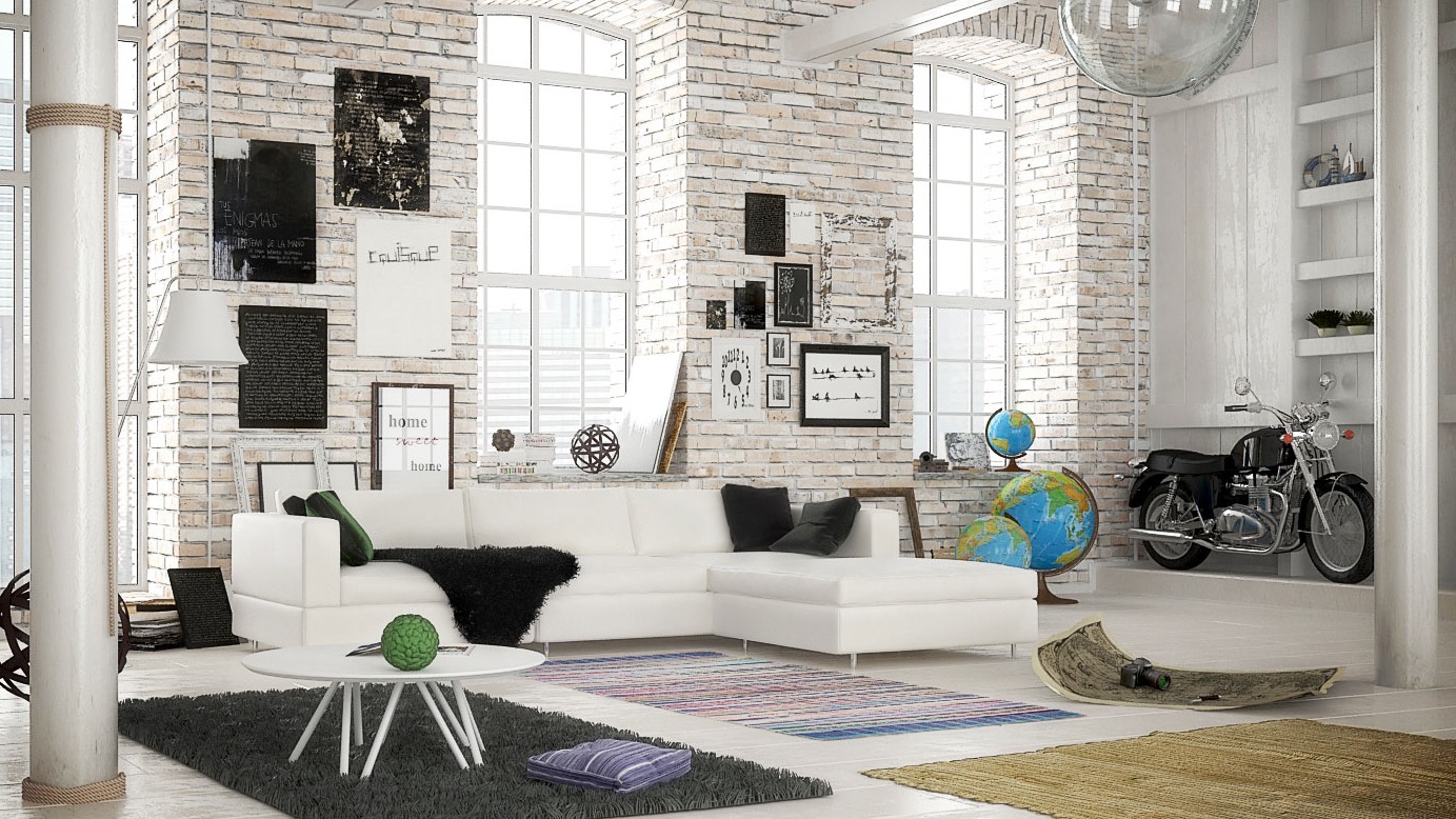 white brick scandinavian living room