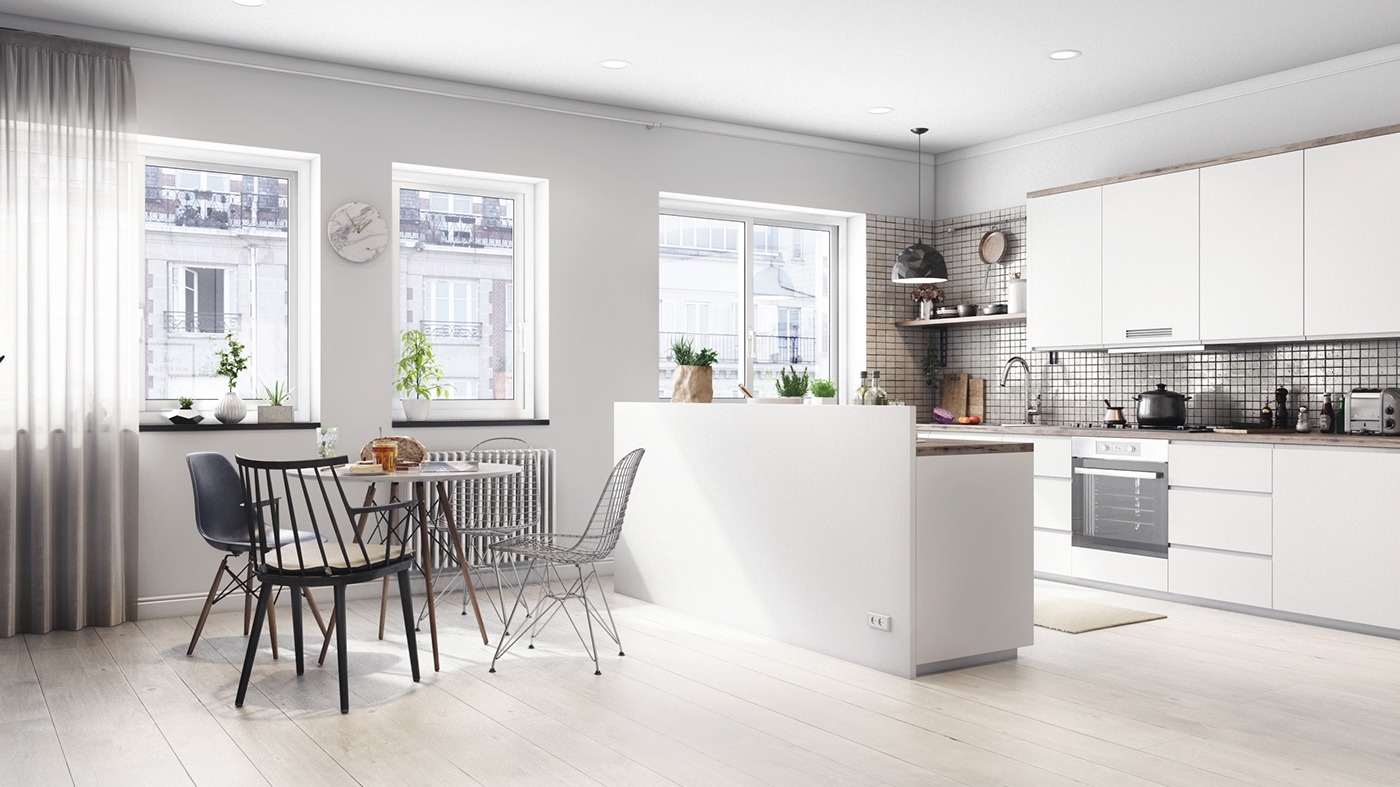 white dining room and kitchen design