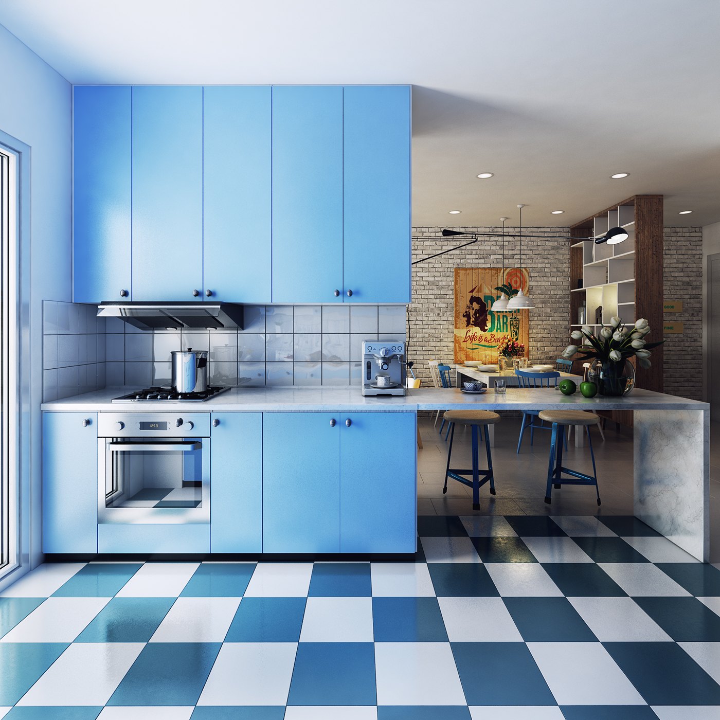 blue accent kitchen design