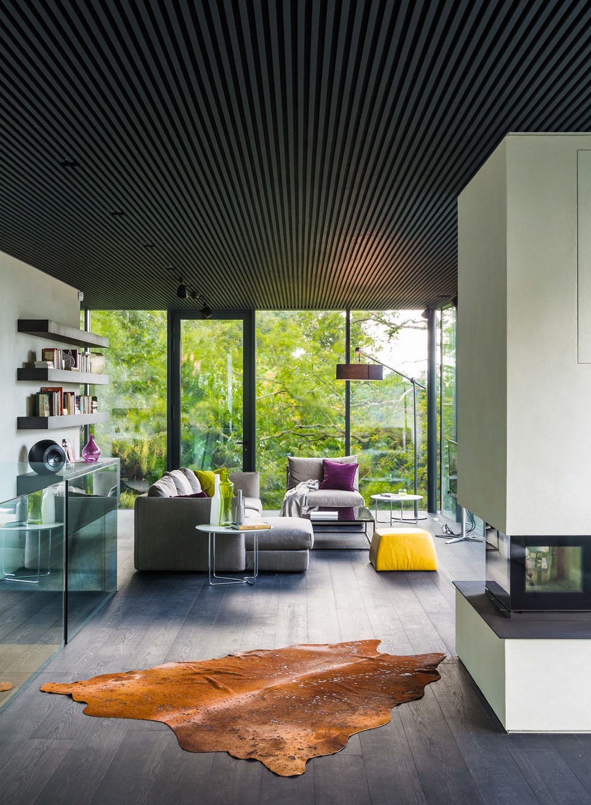 modern white living room green house