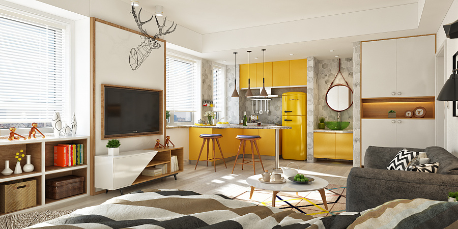 white and yellow Scandinavian interior