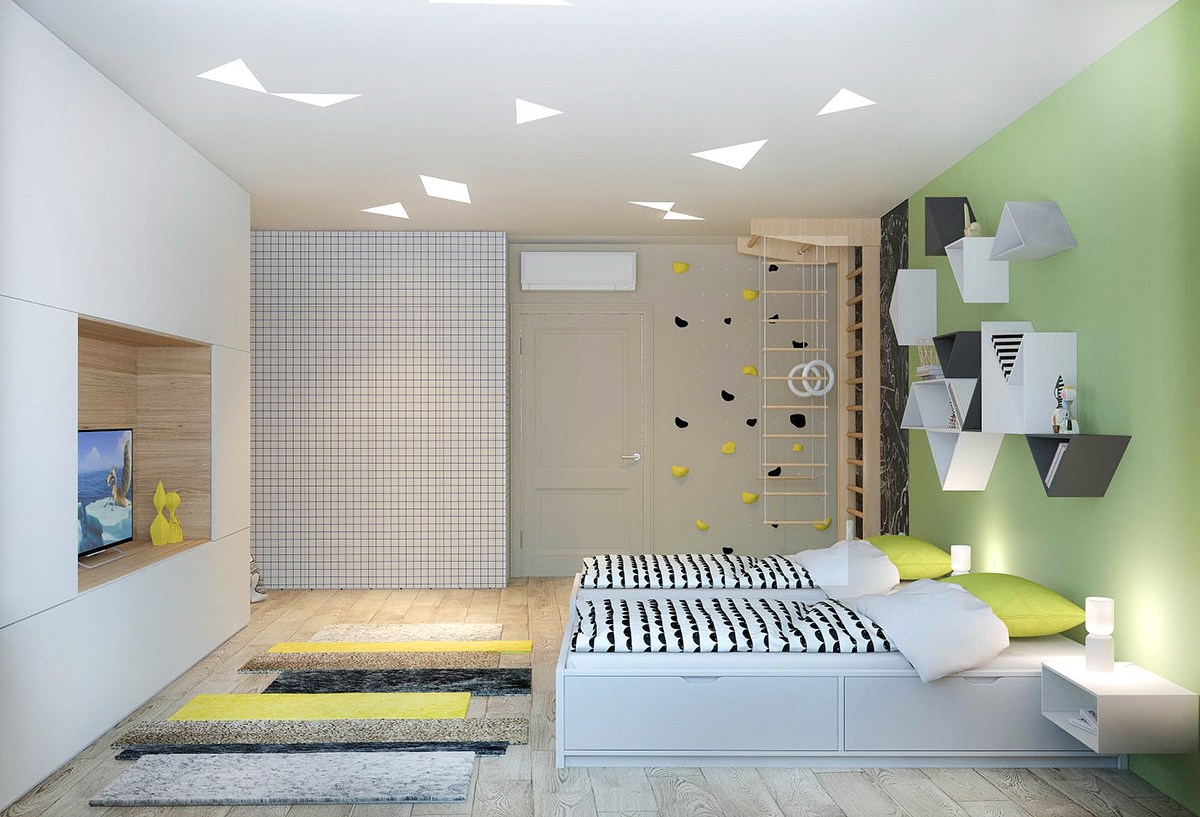 modern kids room with wooden accent