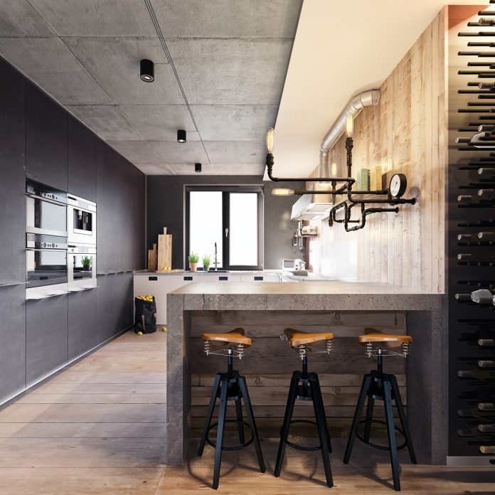 View of Industrial small apartment design attempts to decor with a circuit ...