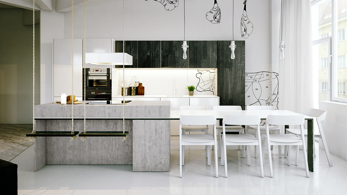 white chic industrial kitchen