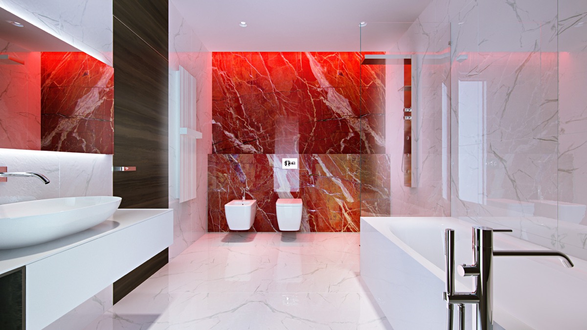 red and white bathroom