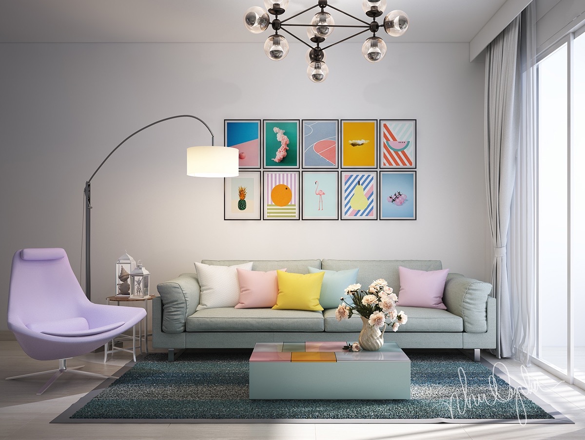 colorful art wall living room