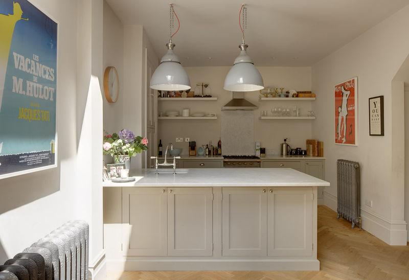 minimalist white open kitchen shelves