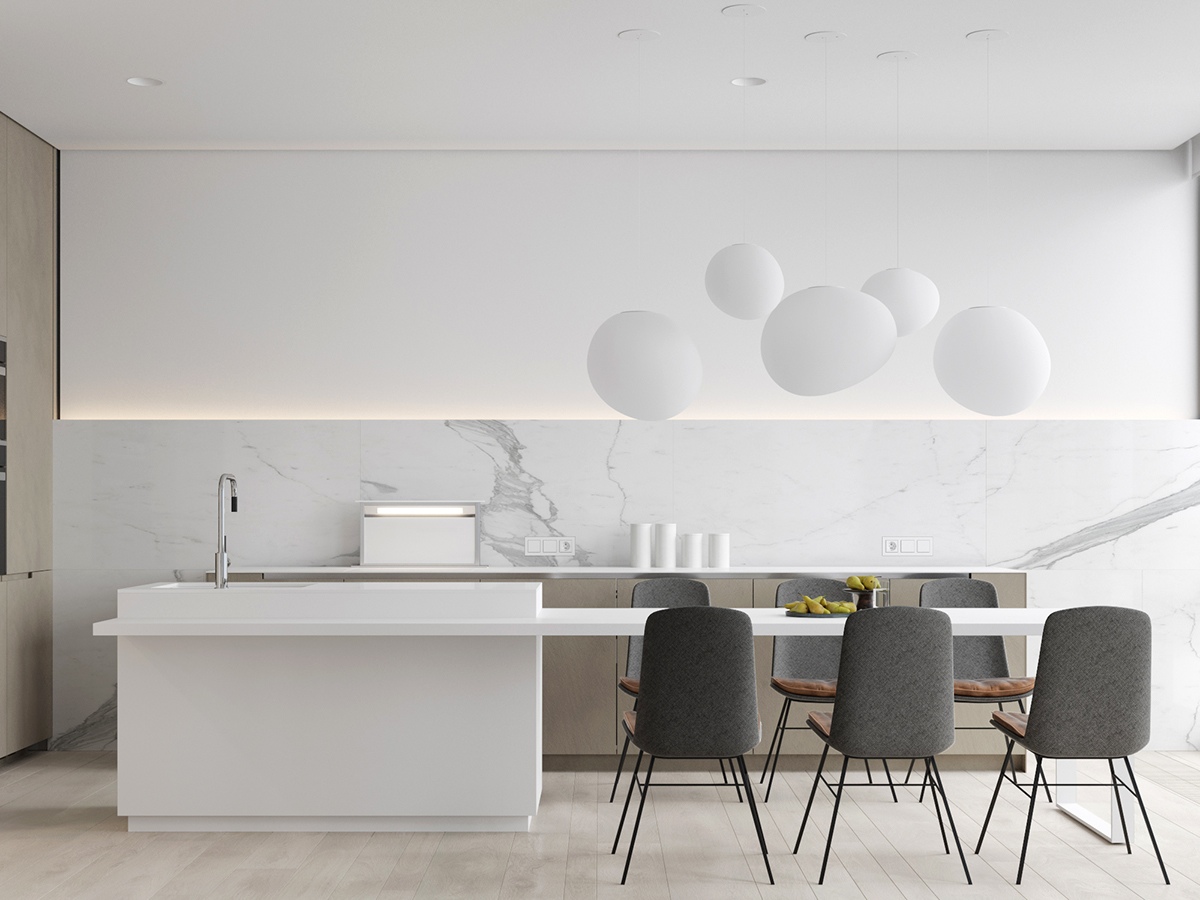 white kitchen with beautiful lighting 