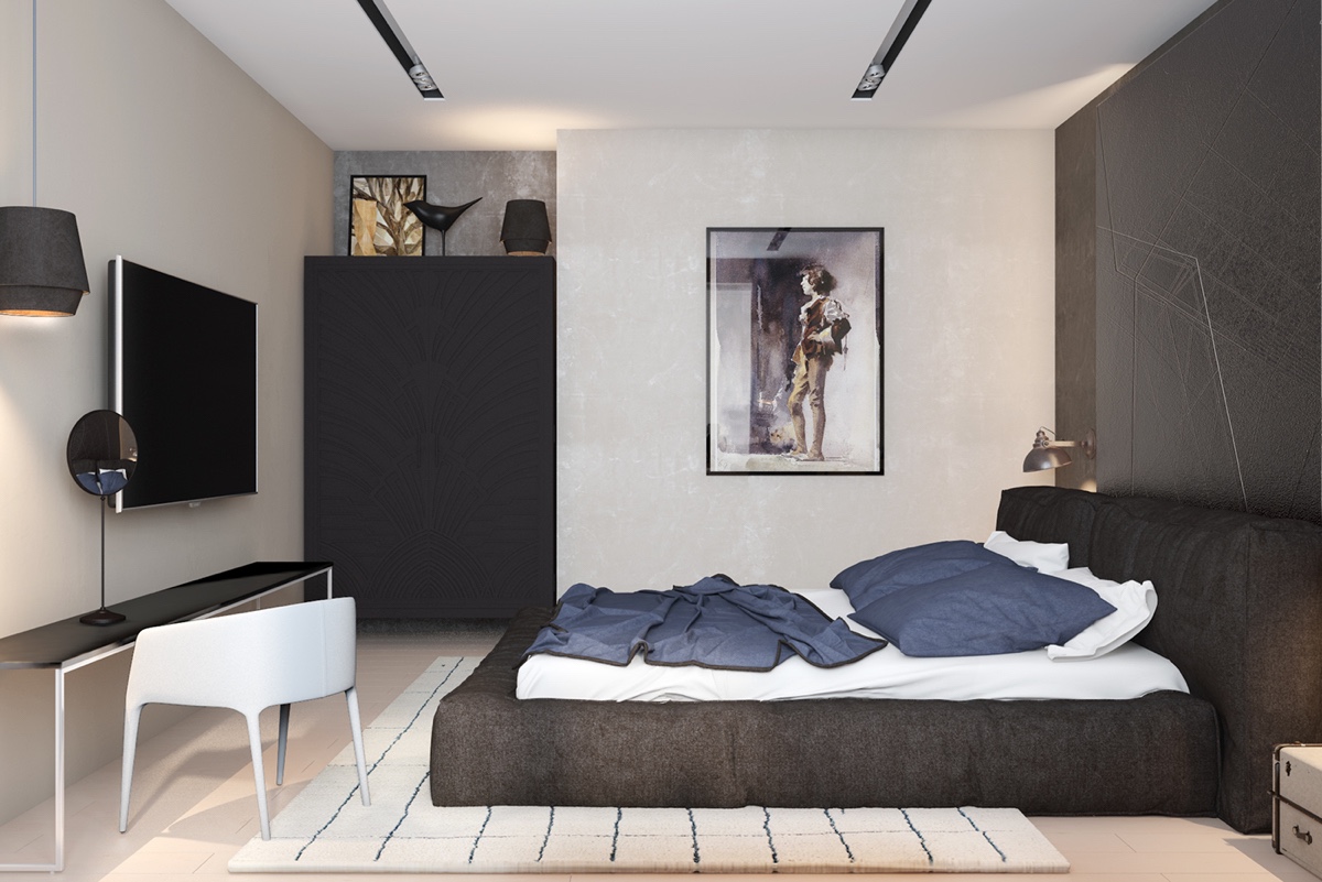 black-feature-headboard-abstract-art-bachelor-pad-bedroom