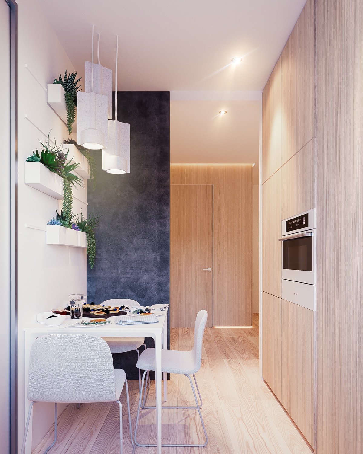 white-table-and-chairs-chalkboard-wall-narrow-kitchen