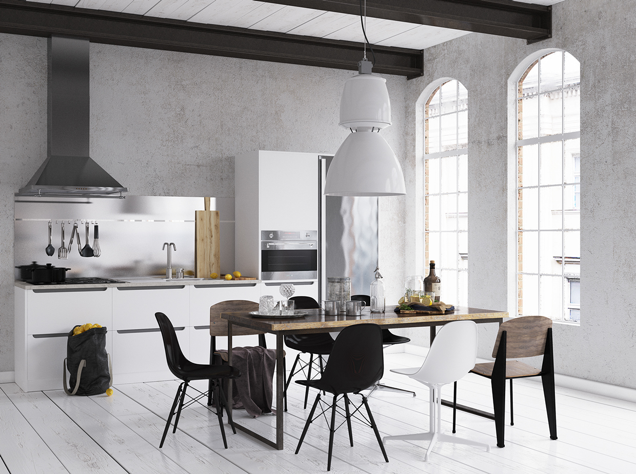 arched-windows-painted-wooden-floors-black-and-white-dining-room 