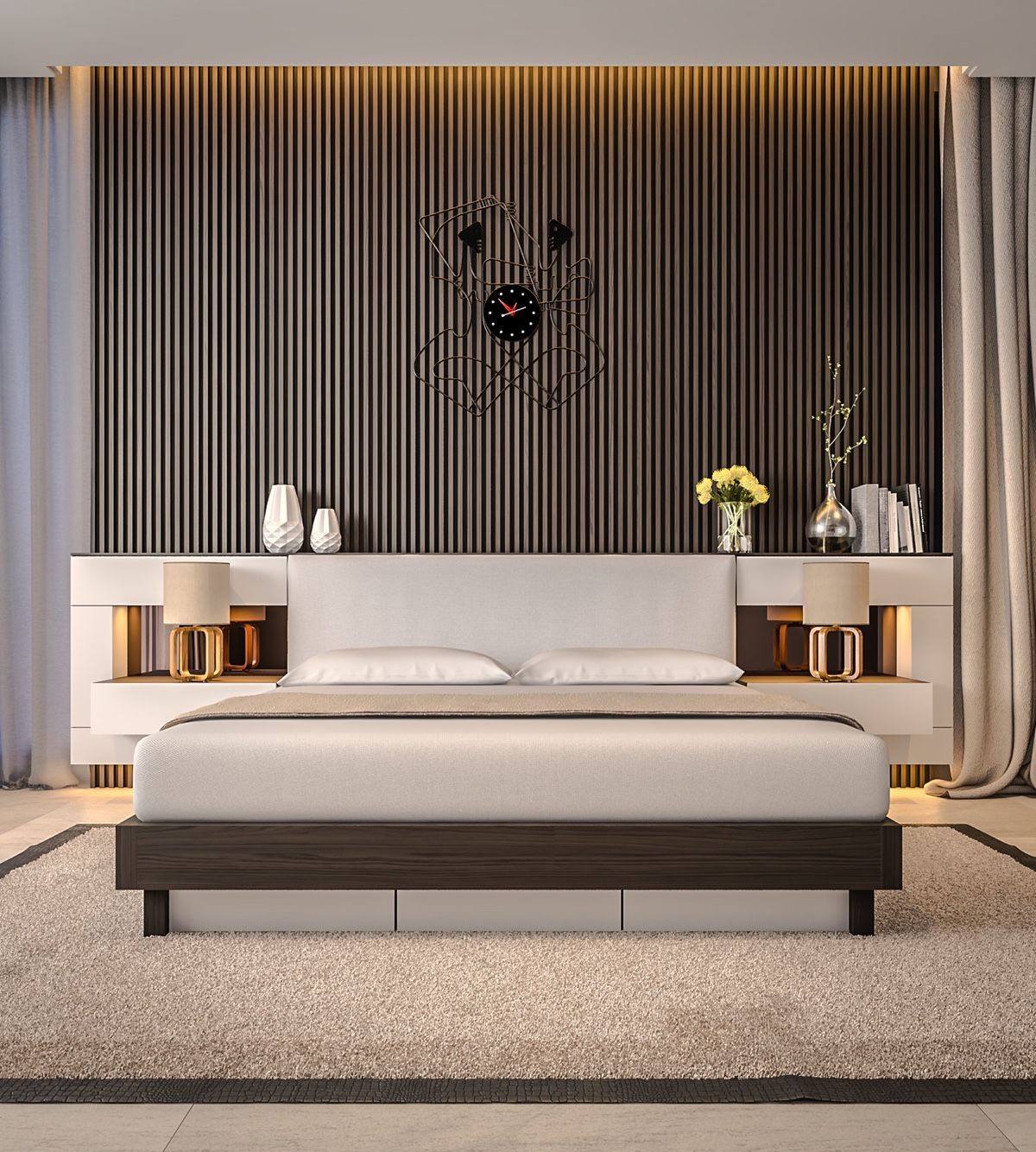 bedroom-accent-wall-grey-slats-artistic-clock