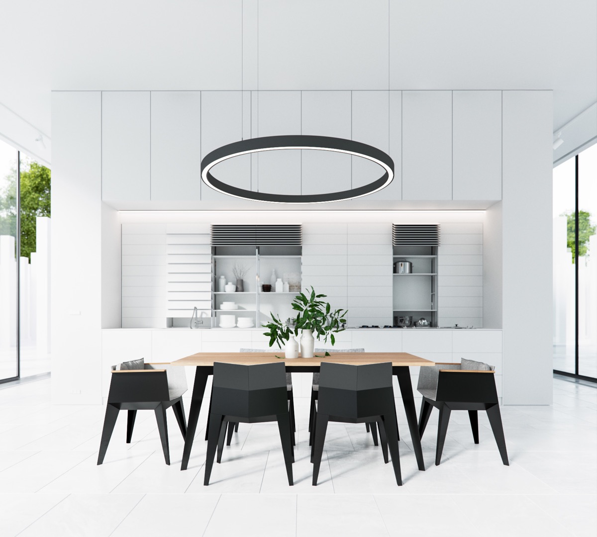 circular-pendant-light-greenery-vase-black-and-white-dining-room 