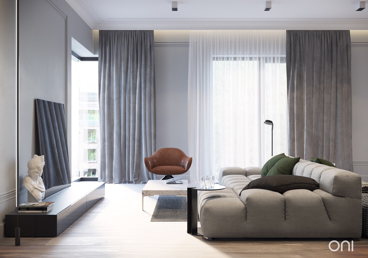living-room-grey-curtains-roman-bust