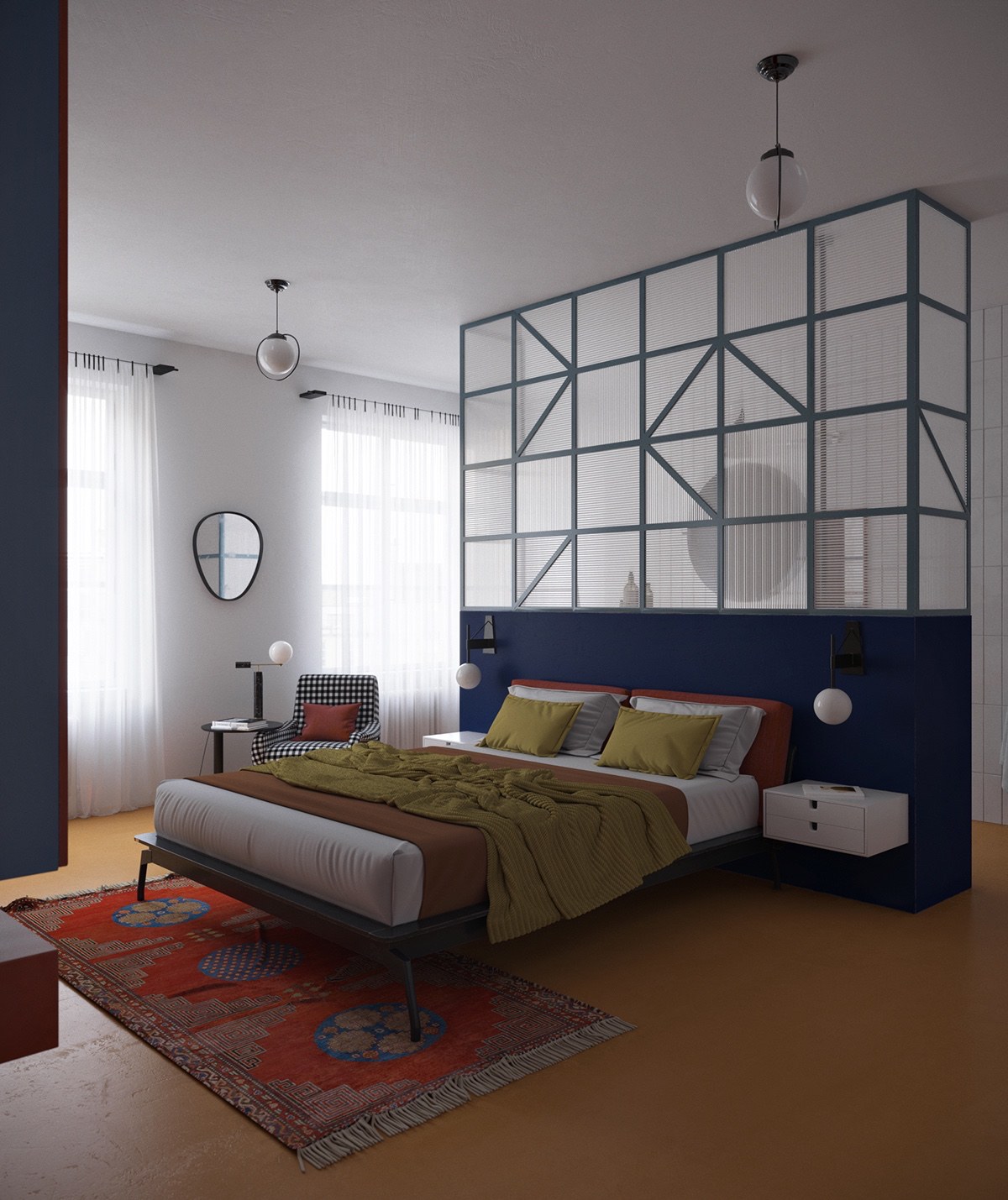 oriental-rug-blue-half-wall-colorful-bed