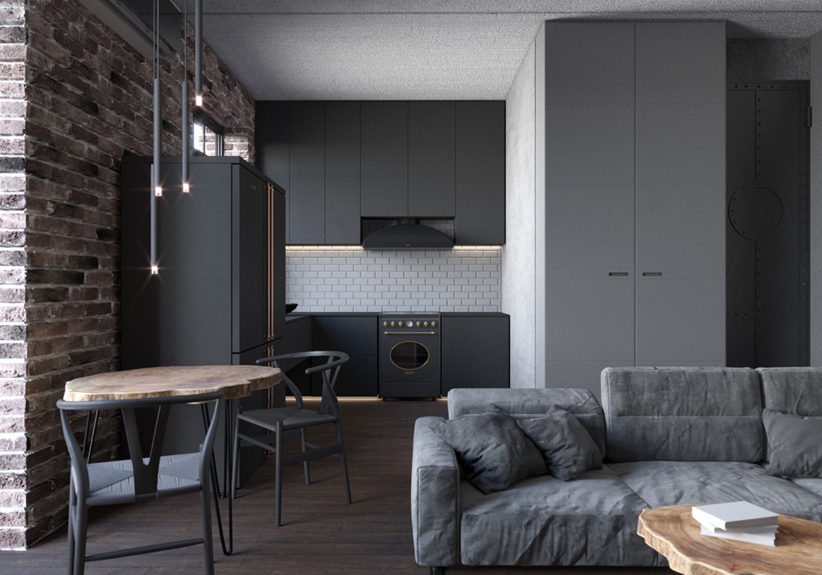 open plan gray apartment