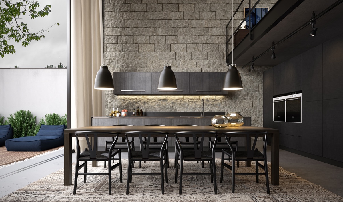 exposed-brick-wall-grey-bachelor-pad-dining