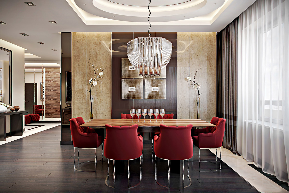 Red Chairs Marble Walls Opulent Dining Room Vladimir Prichina 