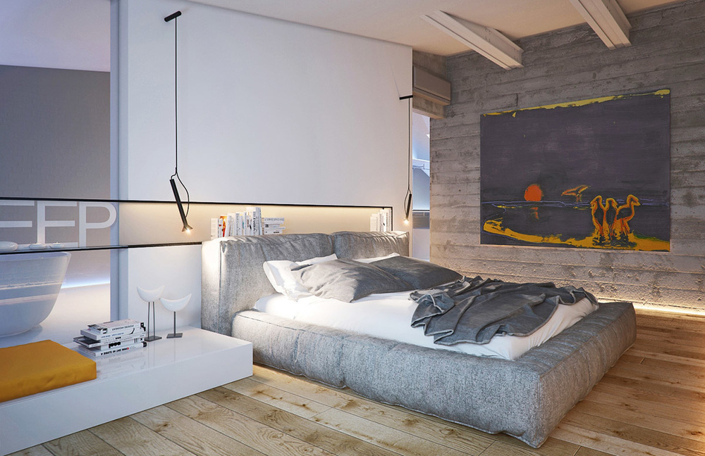 concrete-accent-wall for contemporary bedroom