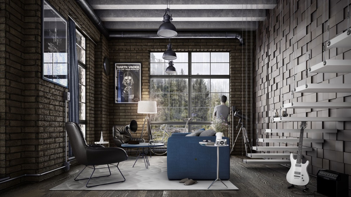 dark grey exposed brick industrial interior design living room CG Marines