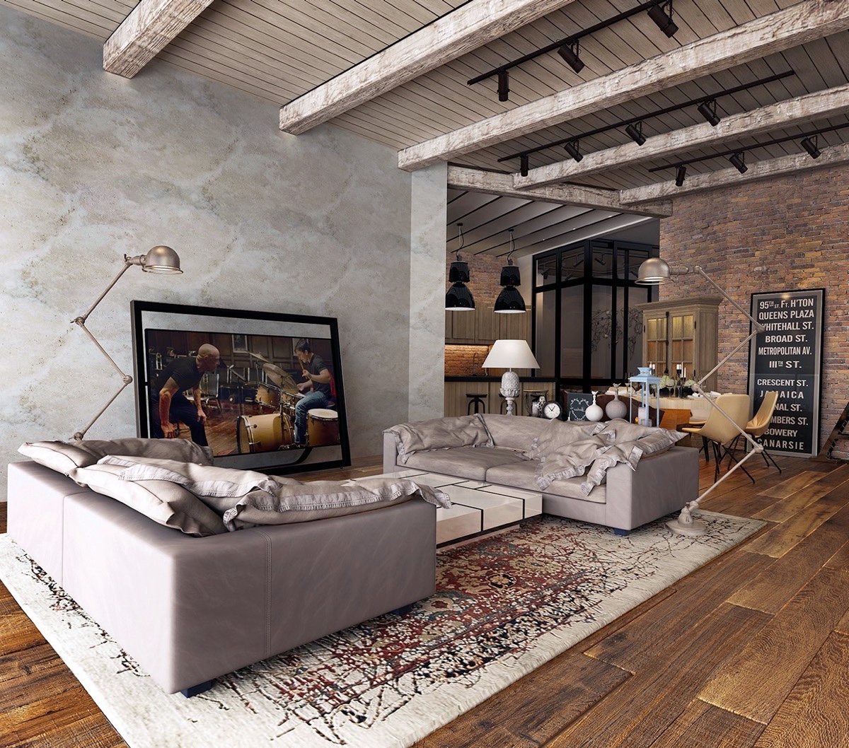 exposed-ceiling-beams-rustic-industrial-living-room