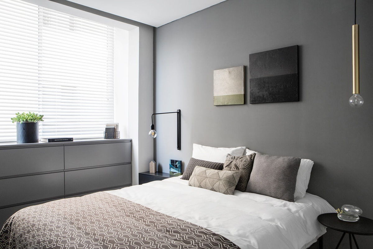 gray-bedroom-design with modern pendant light