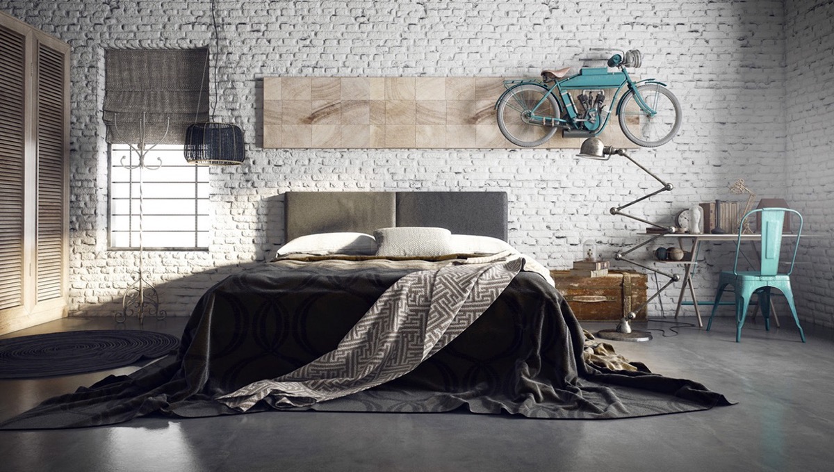 Trendy Industrial Bedroom Design With Gray And White Color