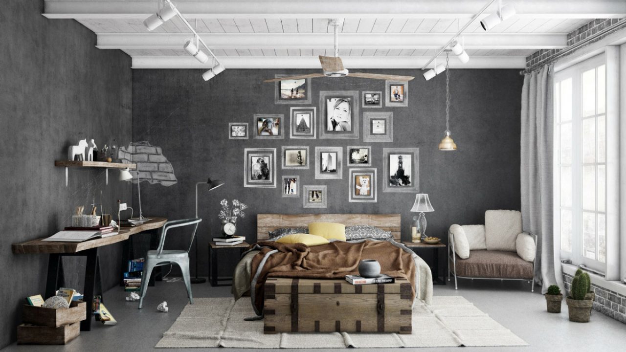 Trendy Industrial Bedroom Design With Gray And White Color