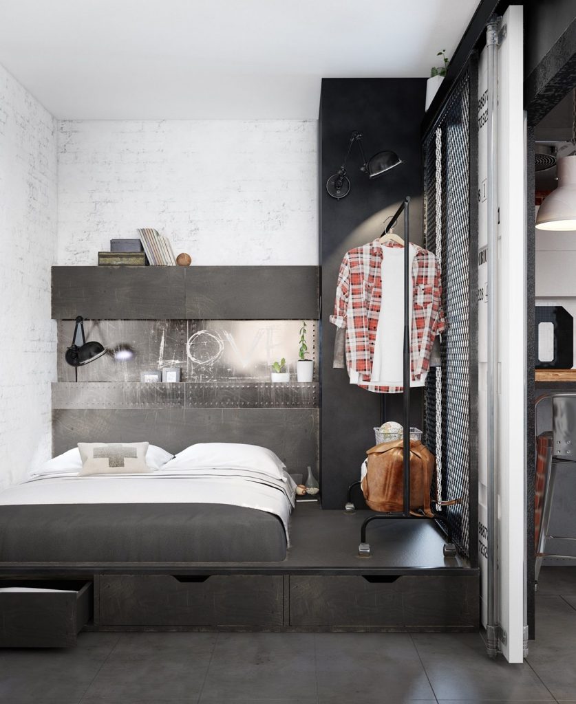 Industrial Style 3 Modern Bachelor Apartment Design Ideas RooHome   Metal Shelving For Bachelor Bedroom Yuliia Sokolova 837x1024 