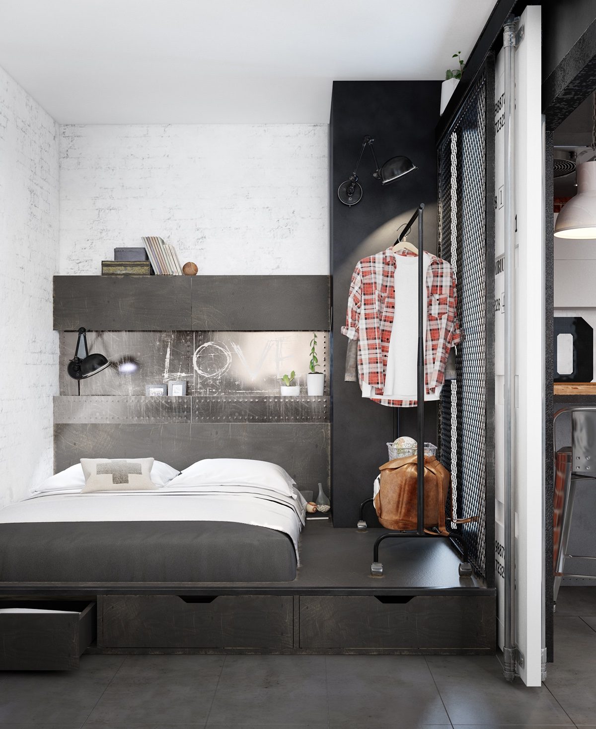 metal-shelving for bachelor bedroom