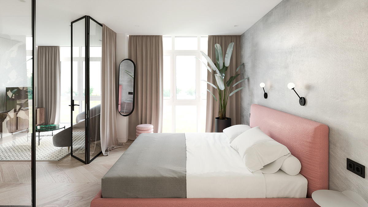 pink bed in minimalist bedroom