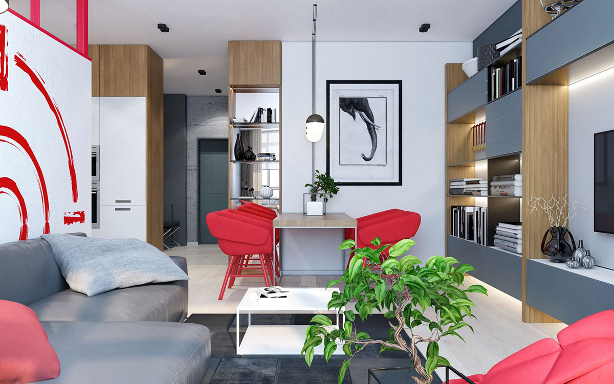 red-and-white-open plan apartment