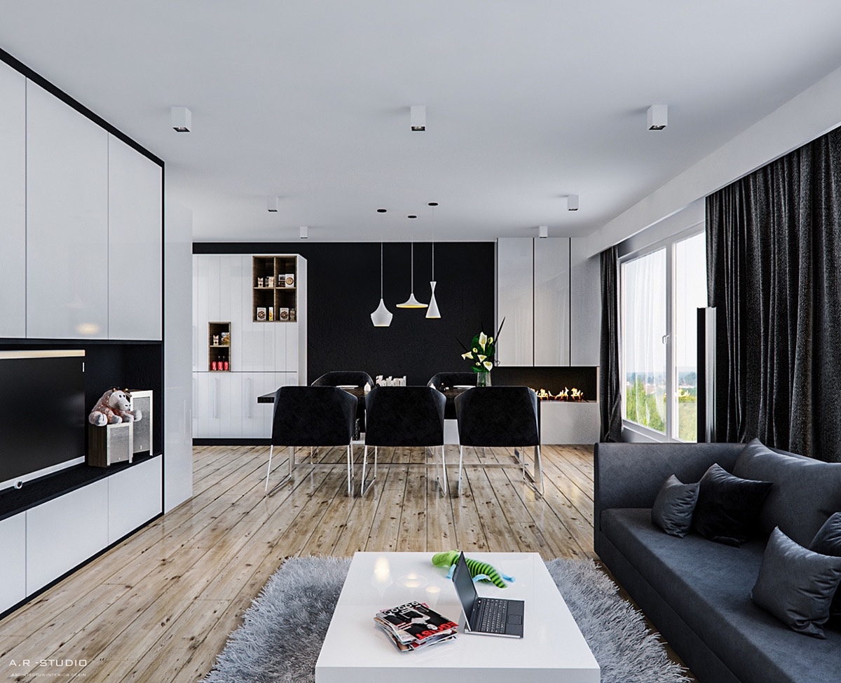 beat-lighting-open-fireplace-black-and-white-dining-room