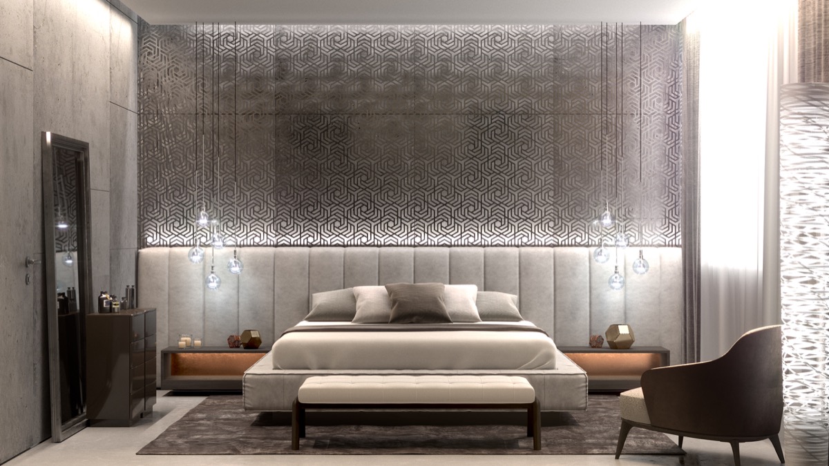 inspiring-modern-bedroom geometric wall accent